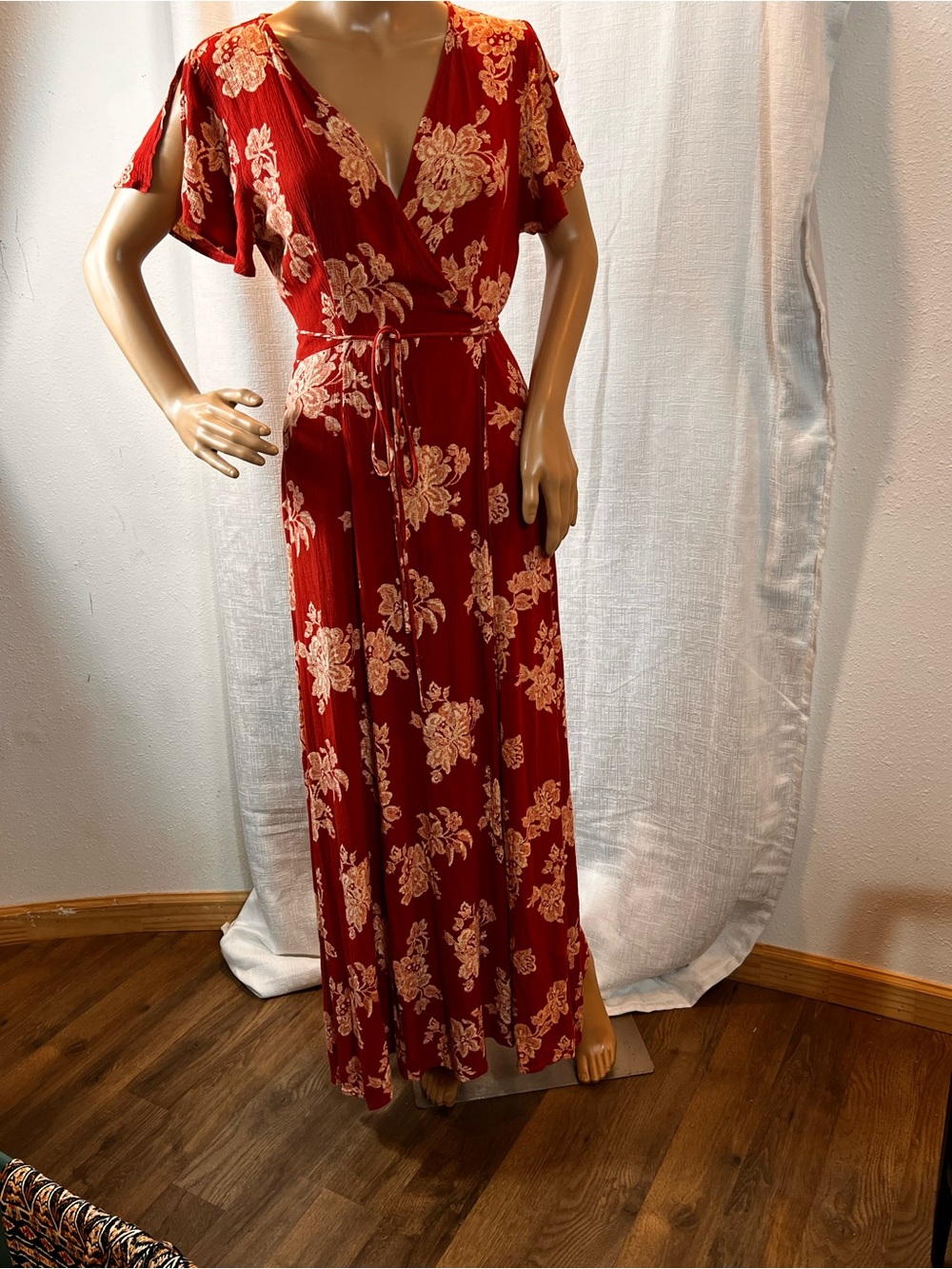 Red Floral Wrap Maxi Dress with Tie that can be adjusted  around the waist